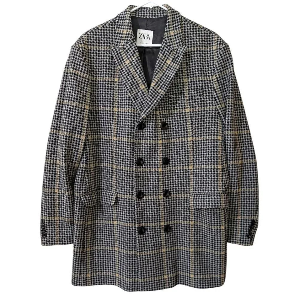 ZARA MEN'S XL (Fits M/L) Black/Gray Plaid Houndstooth Double-Breasted Long Coat